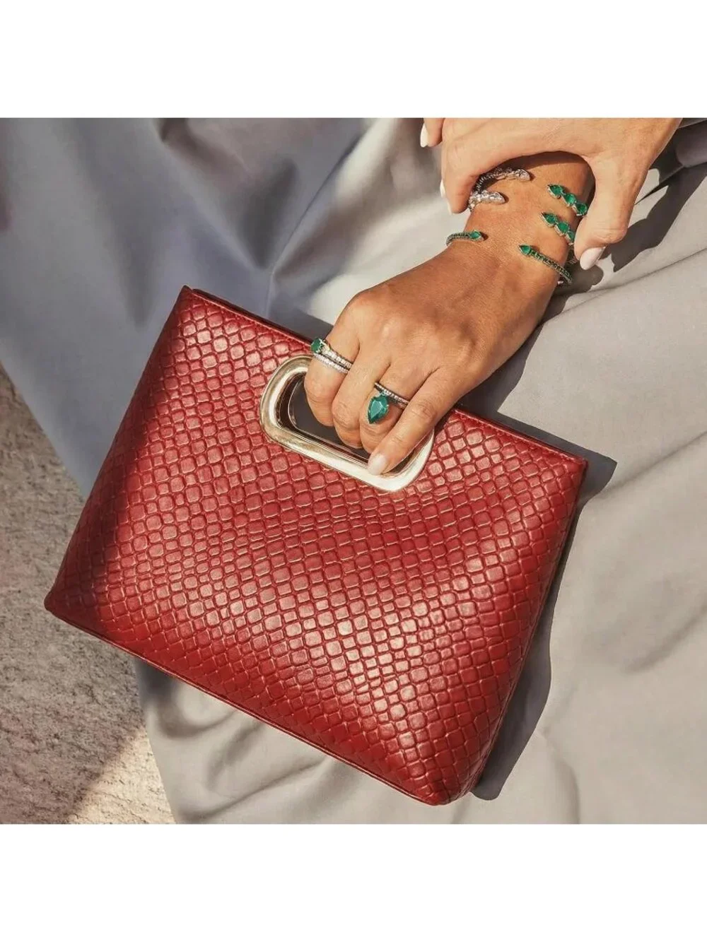 Womens Burgundy Clutch Handbag Modern Faux Leather with Metal Handle Evening Bag